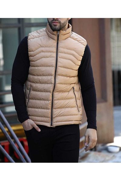 Factor Men's Beige Puffer Vest Collar Leather Detailed 91015