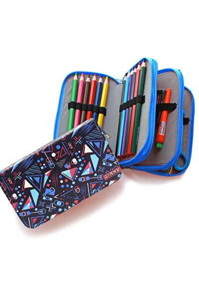 Limmy Kalem Kutusu Mavi Geometrik Desenli Organizer Kalemkutu Vegan Deri Üç Bölmeli Kalemlik