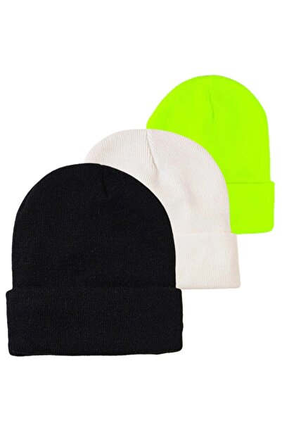 AİLEMM TEKSTİL Set de 3 berete pliate unisex de iarnă negru-alb-galben neon
