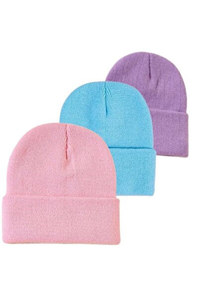 AİLEMM TEKSTİL Unisex Χειμερινό Ροζ-τιρκουάζ-λιλά Πτυσσόμενο Σετ Μπερέ 3 τεμ