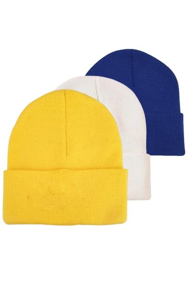 AİLEMM TEKSTİL Set de 3 berete pliate unisex de iarnă galben-alb-sakax