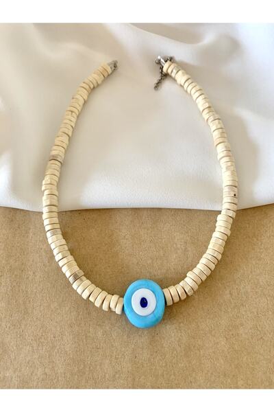 Atelier Çağla Cream Wooden/bamboo Necklace with Blue Evil Eye Beads