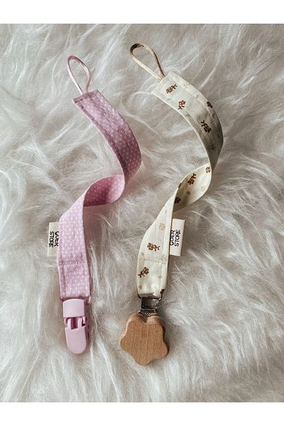 GOER STORE Vintage Cream Flower Detailed 100% Cotton Baby Girl Pacifier Strap Set