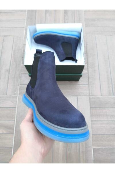 BOUIS Men's Navy Blue Genuine Leather Elastic High Top Chelsea Boots Transparent Sole Comfortable Winter Boots
