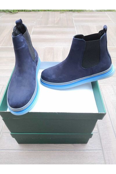BOUIS Men's Navy Blue Genuine Leather Elastic High Top Chelsea Boots Transparent Sole Comfortable Winter Boots