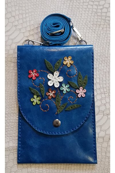 Durush Collection Design Cross Shoulder Bag, Blue, Embroidered, Genuine Leath...