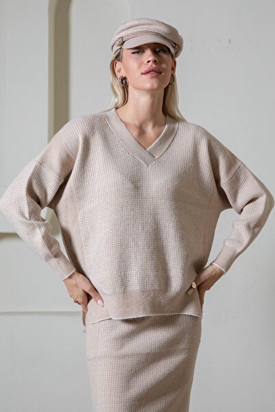 Serianno Kadın V Yaka Düşük Kol Pitikare Desenli Kazak