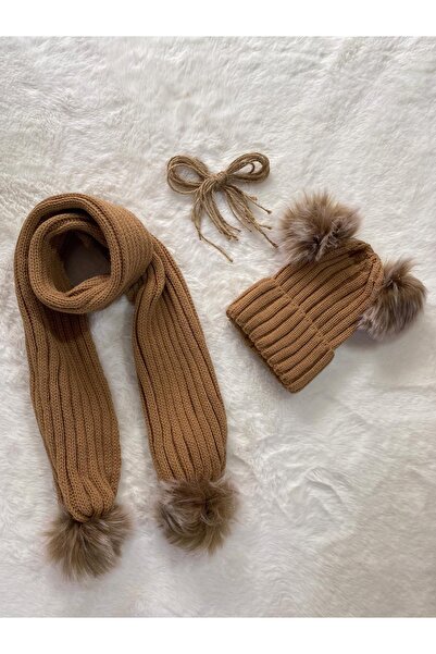 Portakal Bebek Çift Ponpon Atkı Bere Takımı