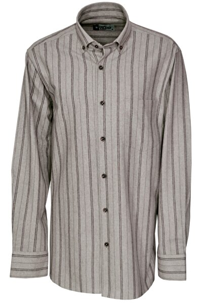 YILDIZ GÖMLEK Bej Rengi Çizgili Düğmeli Yaka Tek Cepli Klasik Kesim Kışlık Pa...