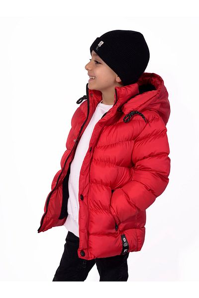 FREE ARSLAN COLLECTİON Boy's Coat Fur Lined Plush Lined Removable Hooded Red Coat