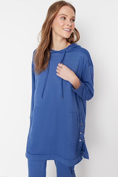 Trendyol Modest Oversize Indigo Jogger Tracksuit Set - Hooded, Kangaroo Pocket and Snap Detail TCTSS21EM0072