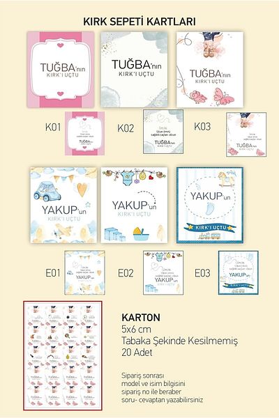 43 cici süsler organizasyon Κάρτες Forty Flying Basket Baby 40 Basket Baby 40 Gift Card Επιλογές 5x6 cm σε σχήμα πιάτου