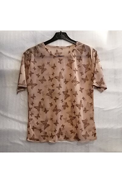 Butik Tülin Otantik Kadın Polyester Somon Kahve Kelebek Baskılı Transparan Bl...