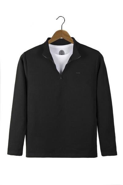 BUCADO Erkek Siyah Yarım Fermuarlı Basic Düz Renk Trend Sweatshirt