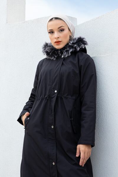 festmoda Women's Dark Black Fur Fleece Inside Coat Hn