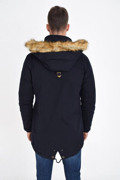 DYNAMO Men's Navy Blue Hooded Faux Fur Lined Waterproof Thick Coat