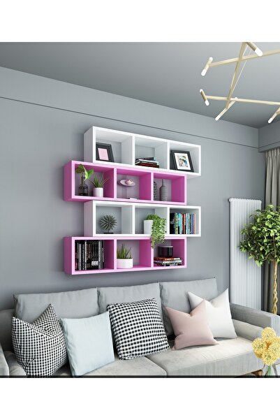 Dekormer Design Kitaplık Lux Yatay Duvar Rafı Pembe Beyaz 4 Lü Takım