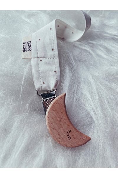 GOER STORE Natural Wooden Moon Detailed White Polka Dot 100% Cotton Fabric Baby Pacifier Strap