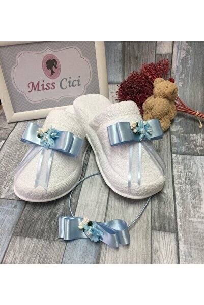 Miss Cici Kadın Mavi Saten Süslemeli Lohusa Tacı be Lohusa Terliği Seti