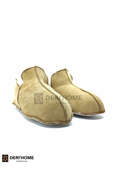 DERİHOME Unisex Içi Kürklü Hakiki Deri Bej Patik - Panduf