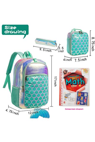 Hobidehobi School Backpack + Pencil Case + Lunch Box Marmaid