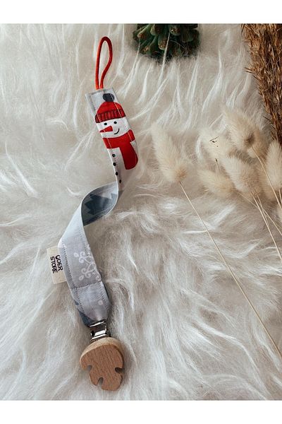GOER STORE Natural Wooden Red Detailed Christmas 100% Cotton Fabric Baby Pacifier Hanger