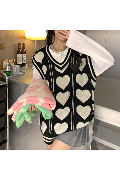 Touz Moda Dompuleri Fashion Touz Kawaii Harajuku Heart Patterned V-Neck Oversize Sweater