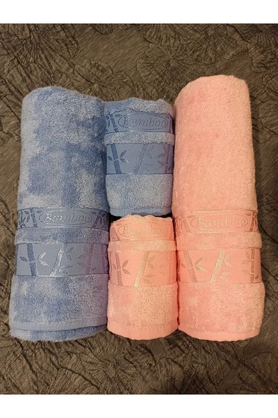 ŞENER HOME Set de 4 articole de baie din bambus de prima calitate, prosop de baie și cap - albastru și roz