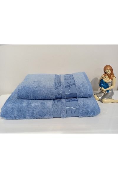 ŞENER HOME Set de 2 seturi de baie din bambus de prima calitate, prosop de baie și cap - albastru