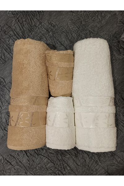 ŞENER HOME Σετ μπάνιου μπαμπού πρώτης ποιότητας 4 τεμαχίων, πετσέτα μπάνιου και κεφαλιού - καφέ γάλα & κρέμα