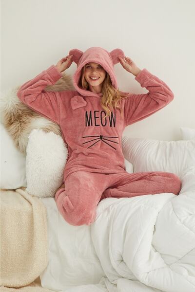Pijamoni Kadın Pudra Meow Kulaklı Welsoft Polar Takım