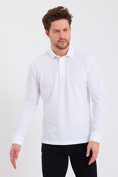 ENQUE Ανδρικό μπλουζάκι Polo Neck Comfort μακρυμάνικο Basic λευκό