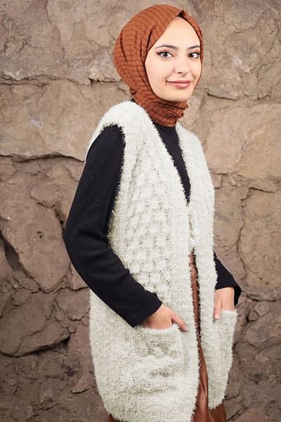 Çt Çeyizci Tekstil Women's Vest Soft Knitted Pocket Vest, Dowry Knitted Vest - Cream