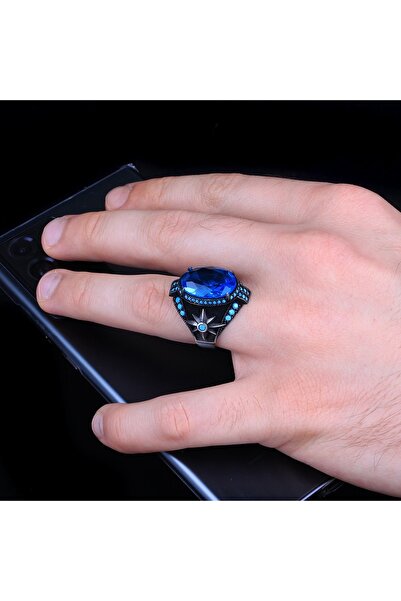 Tesbihsepetim Blue Topaz Taşlı Yıldız Model Erkek Gümüş Yüzük