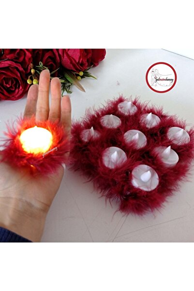 Gelincimherşey Bordo Tüylü 10'lu Led Işıklı Lastikli Pilli El Mumu