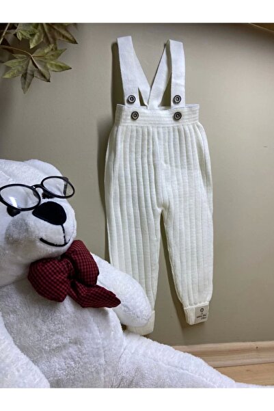 Meriç bebe Önden Düğmeli Askılı Fitilli Triko Ekru Pantolon