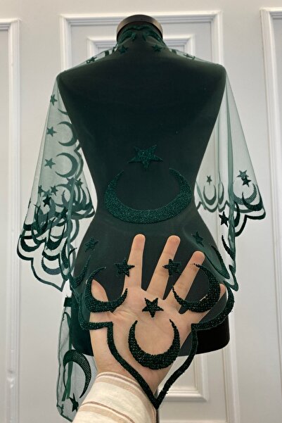 ZEYMERADE Yeşil Gümüş Simli Ayyıldız Damat Omuz Örtüsü Şalı, Kına Örtüsü, Sağdıç Asker Örtüsü