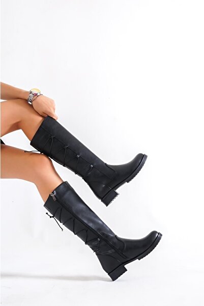 Öncerler Ayakkabı Kadın Siyah Arka Ip Detaylı Dizaltı Çizme