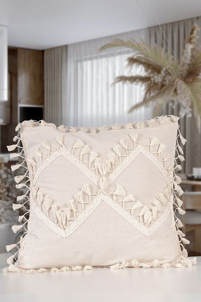 NDC HOME Special Design Single Linen Cream Throw Pillow Cover with Cross Pompom (45X55)