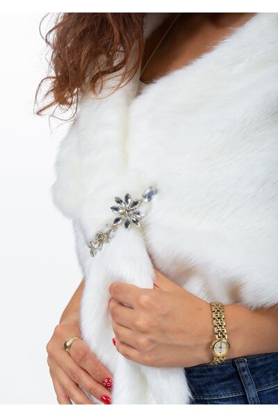 KürkZone Kadın Içten Geçmeli Şal Tipli Ithal Broşlu Gelin, Abiye Kürk Bolero