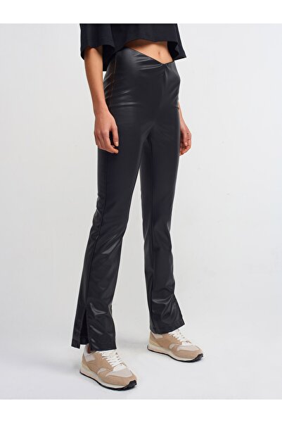 Dilvin 70402 Slit Detailed Faux Leather Trousers-black