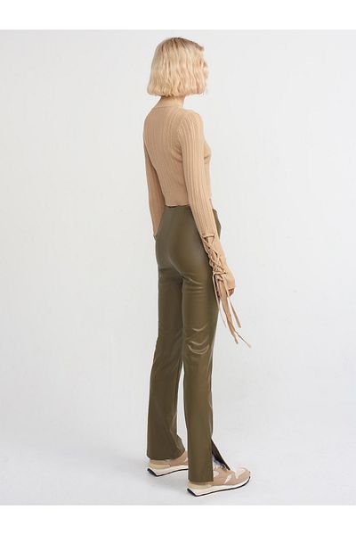 Dilvin 70402 Slit Detailed Faux Leather Trousers-khaki