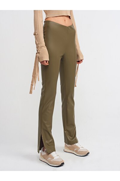 Dilvin 70402 Hasított részletes műbőr nadrág-khaki