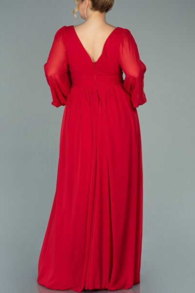 Arden Plus Size Long Evening Dress, Black, Red, Purple, Emerald Chiffon, A-line, V-neck, Long Sleeve, Wedding 46-60