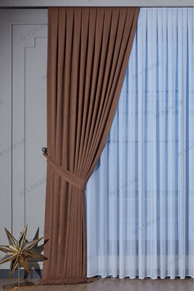 Beythome Açık Kahve Soft Kadife Fon Perde Pileli Tek Kanat x2,5 Sık Pile