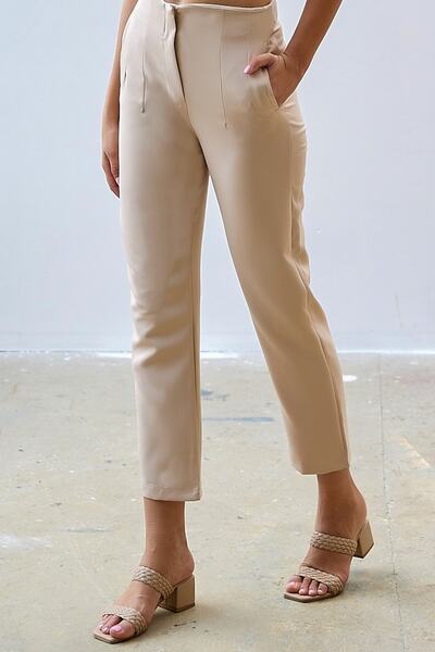 InStyle Ψηλόμεσο Darted Διπλό Υφασμάτινο Παντελόνι - Μπεζ