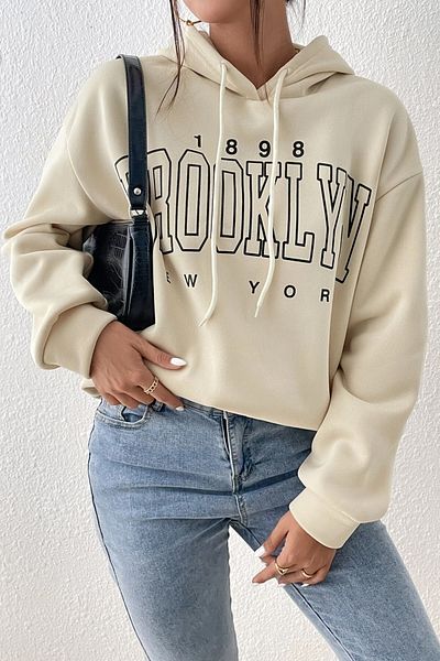 MODAGEN Unisex Μπεζ Μπρούκλιν 1898 Φούτερ με στάμπα με κουκούλα