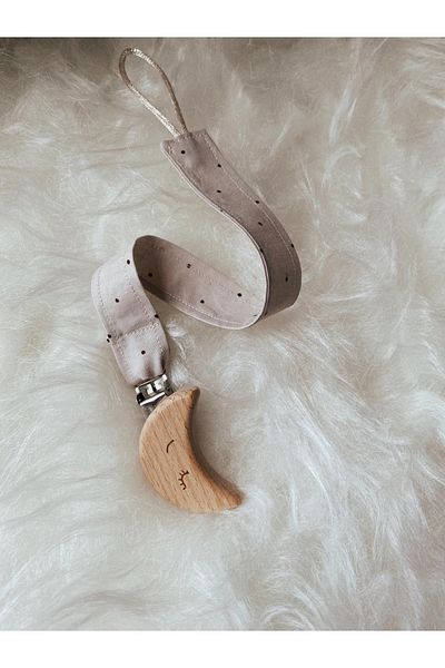 GOER STORE Natural Wooden Moon Detailed Cappuccino Polka Dot 100% Cotton Fabric Baby Pacifier Strap