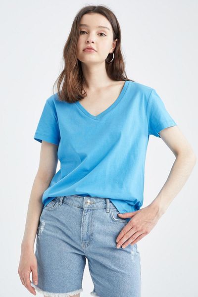 DeFacto Tricou cu mânecă scurtă, cu decolteu în V, 100% bumbac