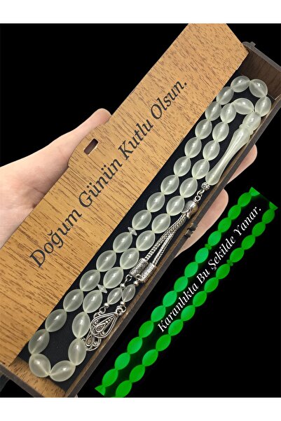 KANUNİ TESBİH Wooden Boxed Promise Written Barley Cut Phosphorescent Prayer B...